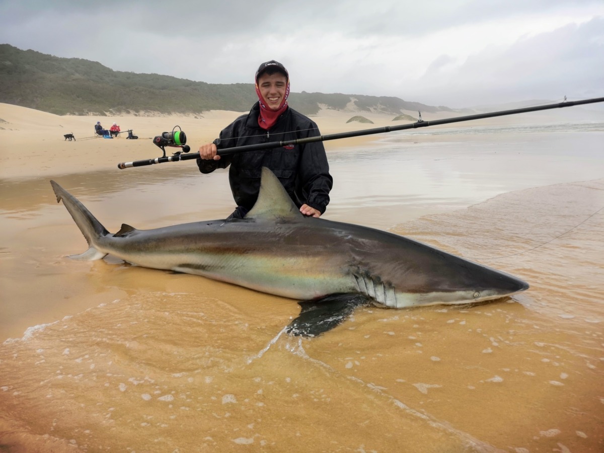 Client holding his fishing rod, posing with a large shark