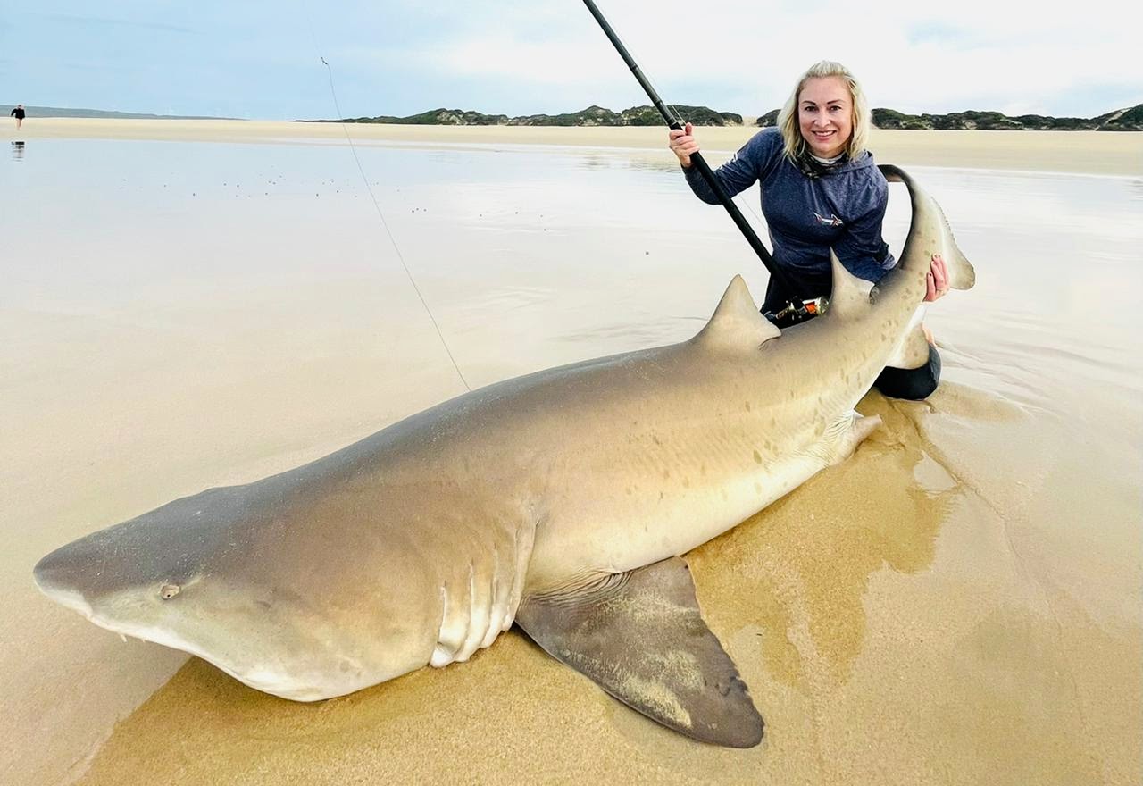 Lady with a shark she caught off the beach